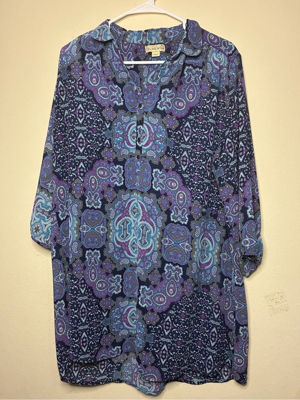 One World XL Women's Sheer Purple Paisley Floral Tunic Boho Bohemian Hippie